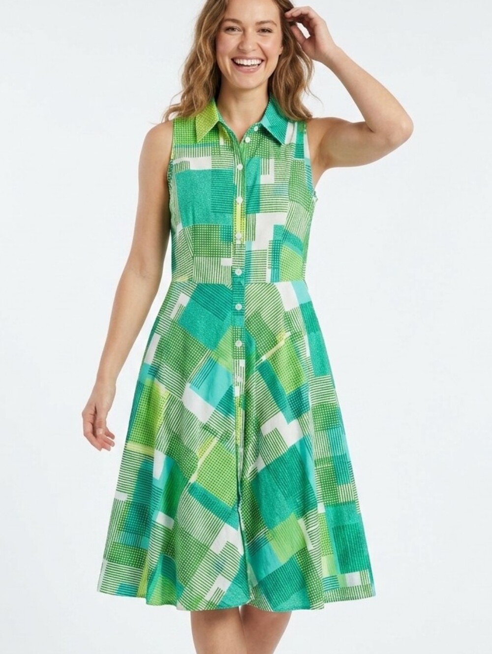 Madison Leigh Sleeveless Collared Midi Dress in Green & Aqua Plaid